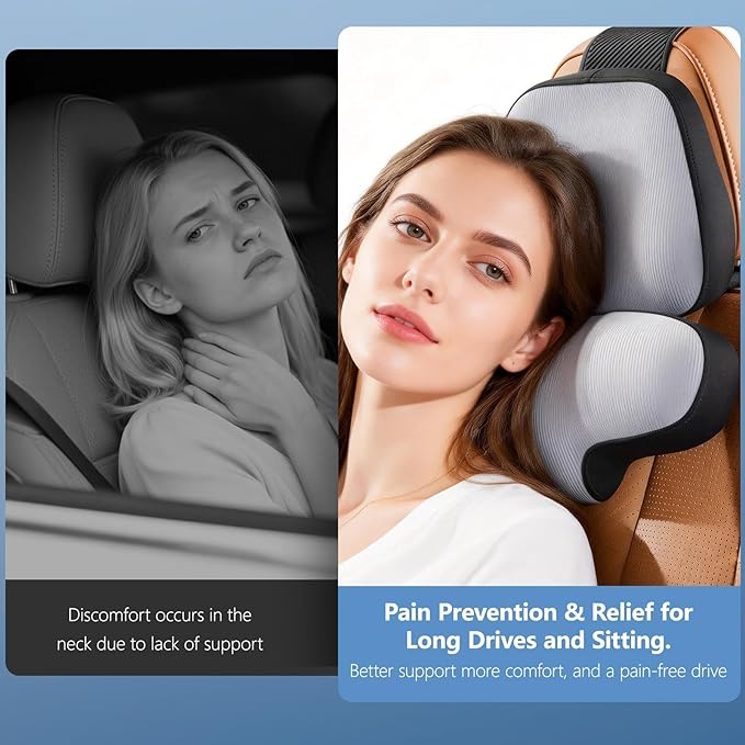 BEBAS Car Headrest Pillow - Memory Foam Neck Support Pillow for Driving, Ergonomically Designed for Long Drives & Travel, Pain Relief with Removable & Washable Cover | Gray, 1-Pack