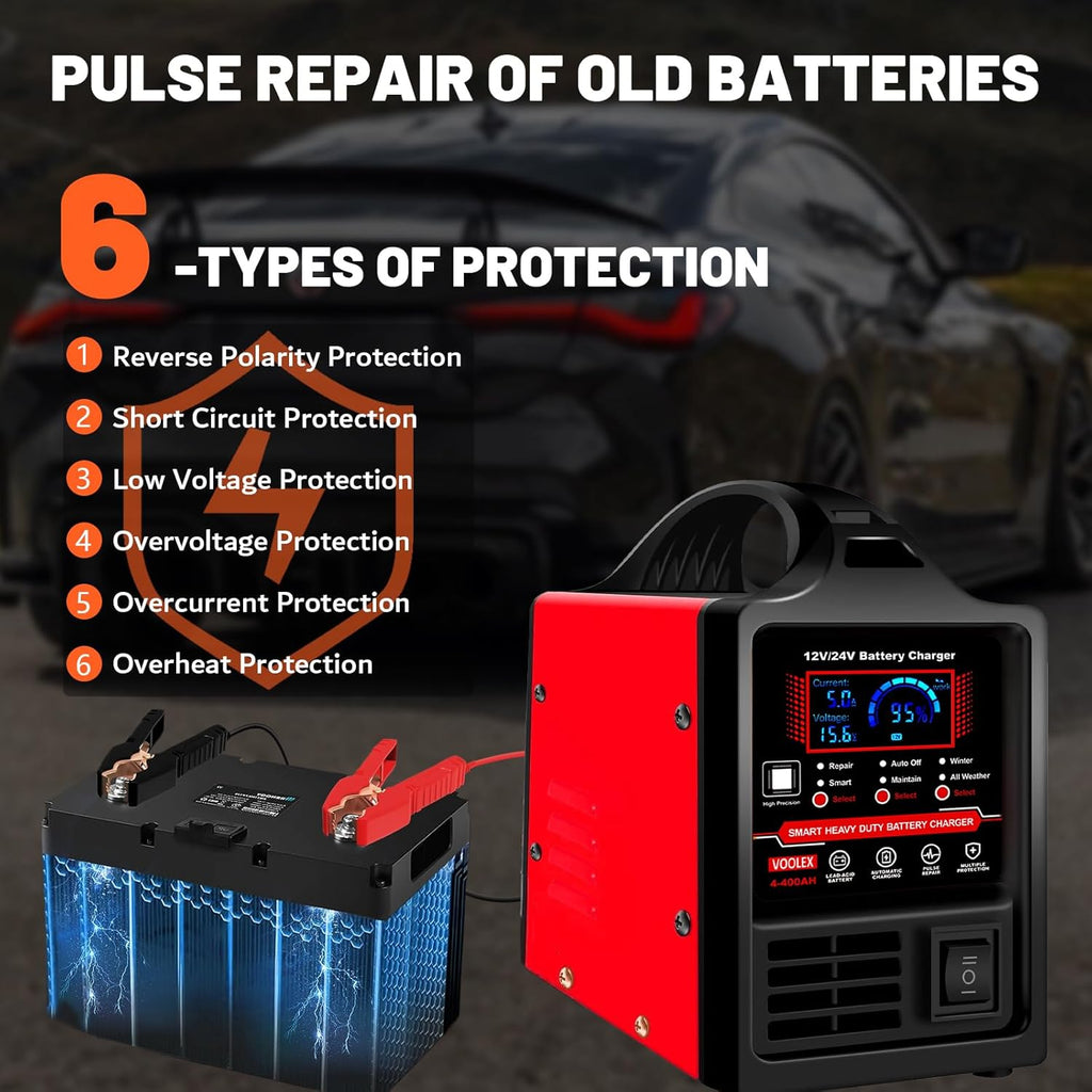 Voolex Car Battery Charger 12V 24V Portable Automotive Trickle Charger Battery Maintainer for AGM Car Truck Motorcycle RV Deep Cycle Repair, Winter Mode(for Lead Acid Batteries)