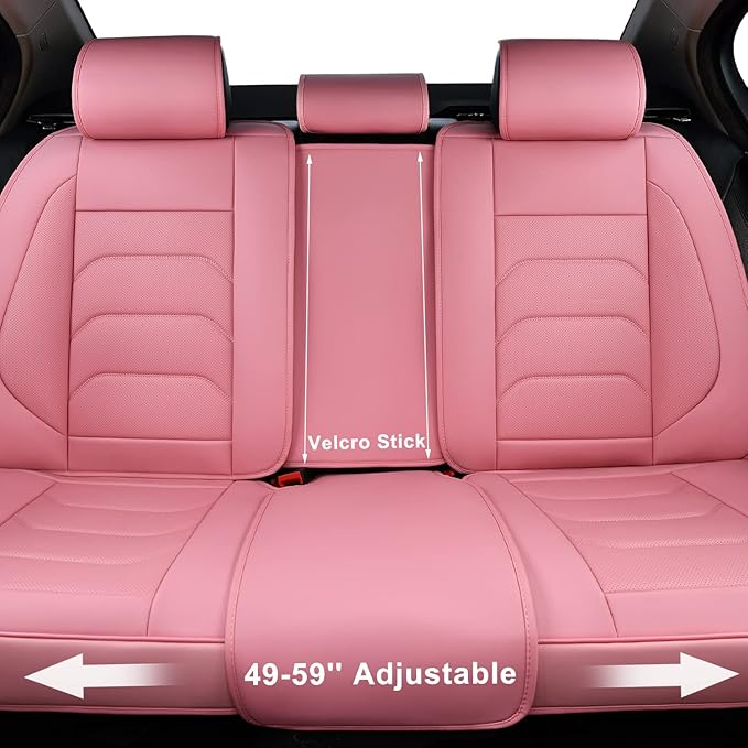 Pink Car Seat Covers Full Set, Breathable Leather Automotive Front and Rear Seat Covers & Headrest for Comfortable Driving, Universal Auto Interior Fit for Most Kinds of Vehicles