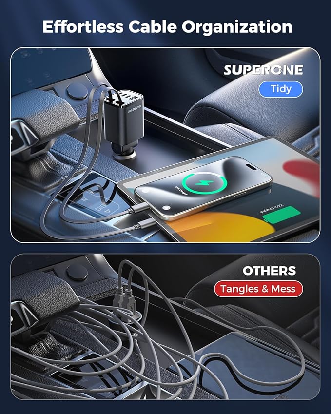 Retractable Car Charger, SUPERONE 99W Car Phone Charger with Cables Fast Charging, USB C Car Charger Adapter for iPhone 17 16 15 14 13 12, Samsung, Black