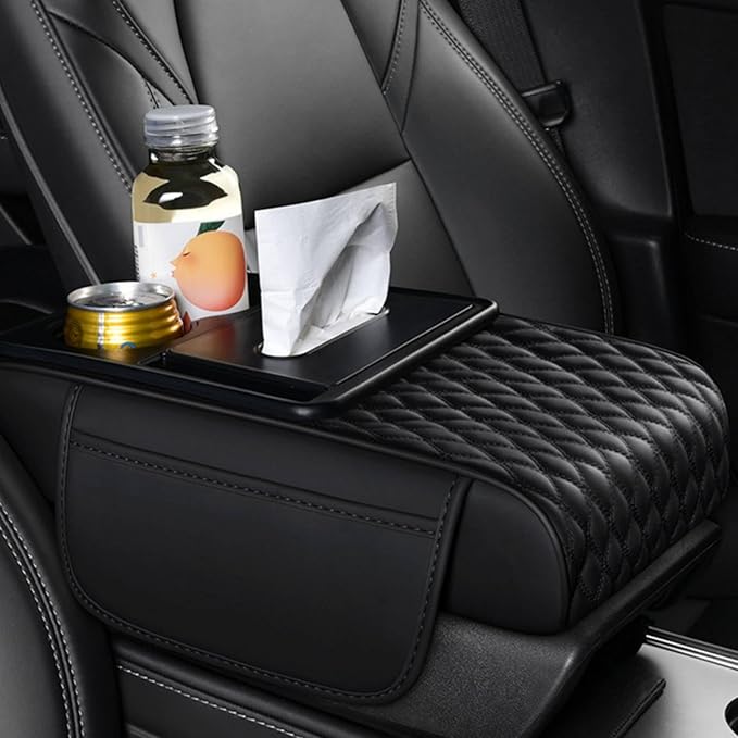 Car Center Console Armrest Pad, Arm Rest Box Cushion with Ergonomic Height Boost, Storage Pockets, Built-in Tissue Box, Cupholder, Fit for Most Sedan Vehicles (Embroidery Water Ripple, Black)