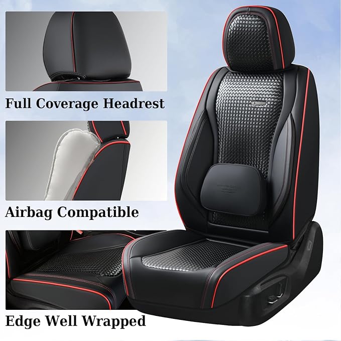 Coverado Seat Covers, Car Seat Covers Front Seats, Waterproof Nappa Leather Auto Seat Cover with Lumbar Head Pillow, Black Redline Seat Covers Carseat Cover Universal Fit for Most Cars