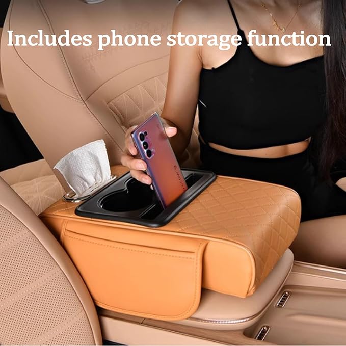 Multifunctional Pu Leather Car Armrest Box Mat, 5-In-1Multifunctional Car Armrest Cushion, Car Arm Rest Cover Pad, Center Console Organizer with Cup Holder, Tissue Box & Phone Slot (Black and Red)