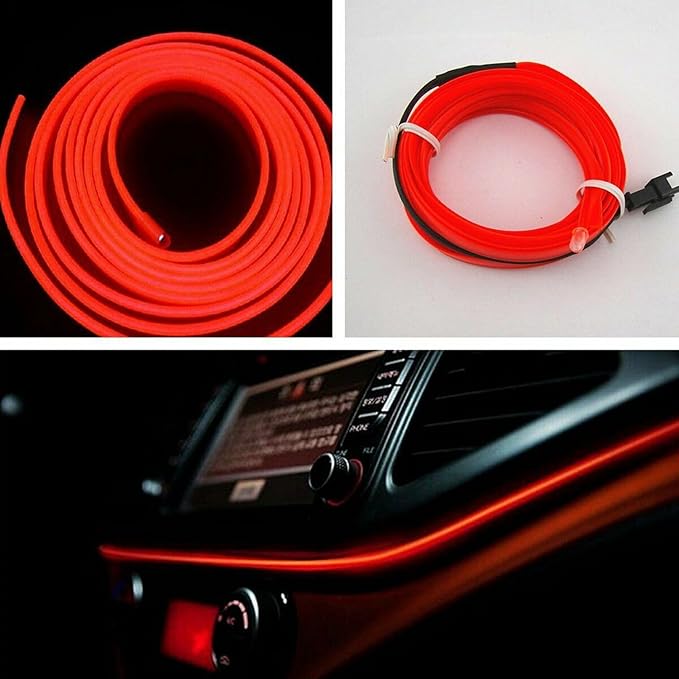 Riloer El Wire Lights for Car, Interior Neon Lights Strip Car LED Strip Light Interior for Car Garden Party Decoration, Car Ambient Lighting Kits, 2m/6.5ft Red LED