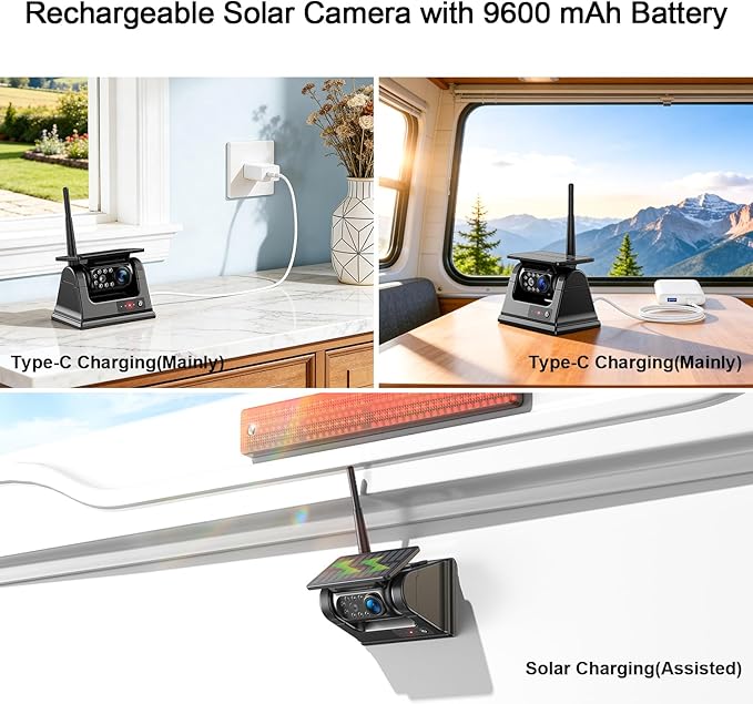 Fookoo 10.1“ Solar Magnetic Wireless Backup Camera HD 1080P DVR Touchscreen Monitor Portable 1 Min DIY Install No Drilling Rechargeable Battery Night Vision for RV Camper Trailer - DTC1004
