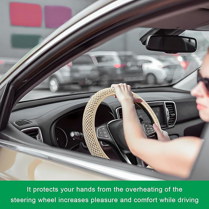 Elastic Steering Wheel Cover, 15"×15" Breathable Ice Silk Steering Wheel Protector, Universal Auto Wheel Wrap Anti-Slip Soft Cover for Ultimate Comfort, Car Accessories (Beige)