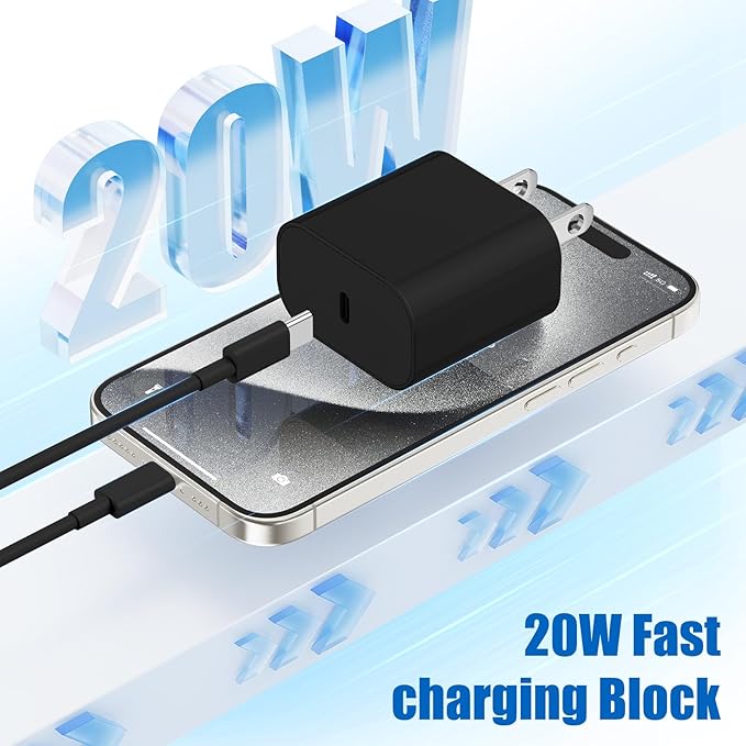 iPhone 17 16 15 Fast Charger Block and 10ft Type C to C Cable Cord Long, 20W USB C Charging Plug for Apple iPhone 17 Pro Max/17 Air/16 Pro Max/16/15 Pro/15 Plus/iPad Mini,Wall Power Adapter Cube Brick
