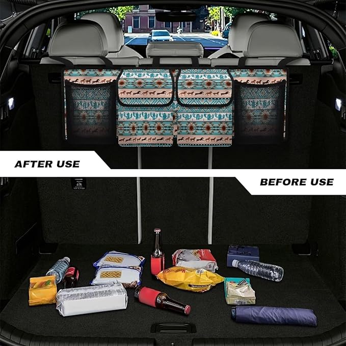 Aztec Ethnic Horse Large Capacity Car Trunk Organizer, Waterproof Oxford Backseat Hanging Storage Bag with 4 Pockets, Foldable Car Organization for Car Tools, Car Accessory for SUV Truck