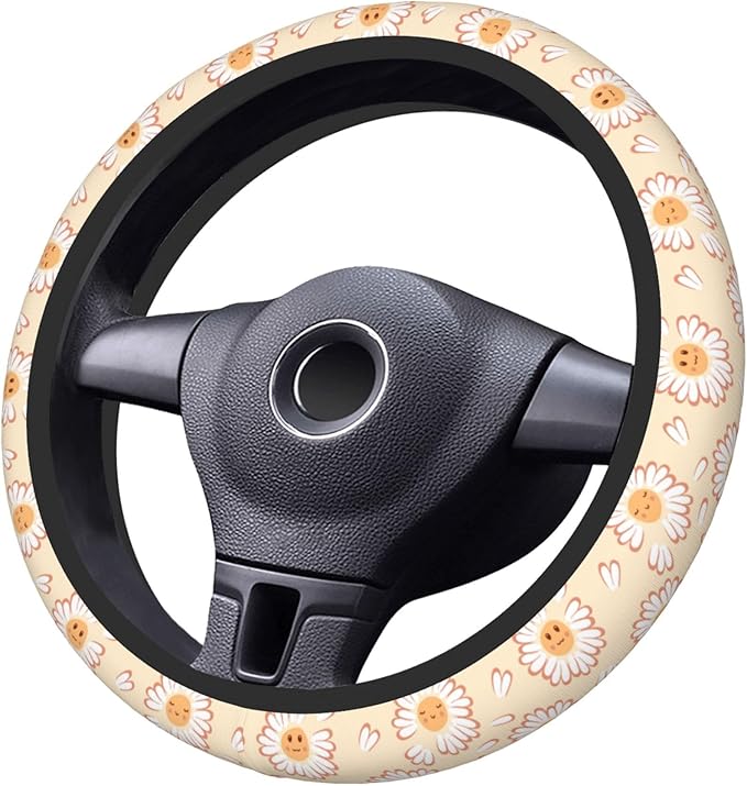 Car Steering Wheel Cover,Smiling Face Flower Universal Non Slip Wheel Protector 15 Inch Elastic Car Accessories for Men Women