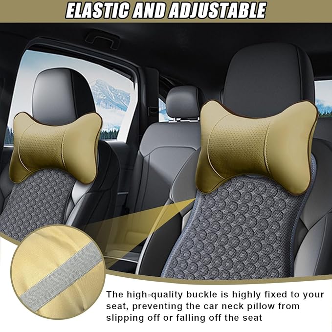 2PCS Car Neck Pillow, PU Leather Headrest Cushion with Adjustable Strap, Ergonomic Soft Headrest Pillow, Universal Multi-Function Auto Lumbar Support Accessories for Pressure Relief (Beige)