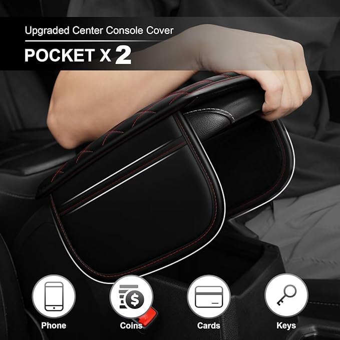 Upgraded Car Center Console Cover Fit for Corolla Cross Faux Leather Car Armrest Cover Cushion with 2 Storage Bags,Car Armrest Storage Box Interior Accessories(Black&Redline)
