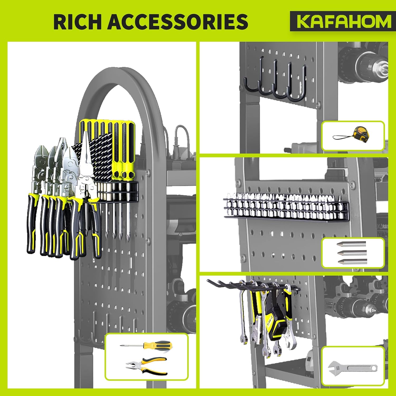 KAFAHOM Power Tool Organizer - 4 Tier Rolling Tool Cart with 8-12 Drill Holder,Tool Storage Cart on Wheels - Heavy Duty Metal Utility Tool Shelf for Garage, Workshop, Warehouse & Repair Shop
