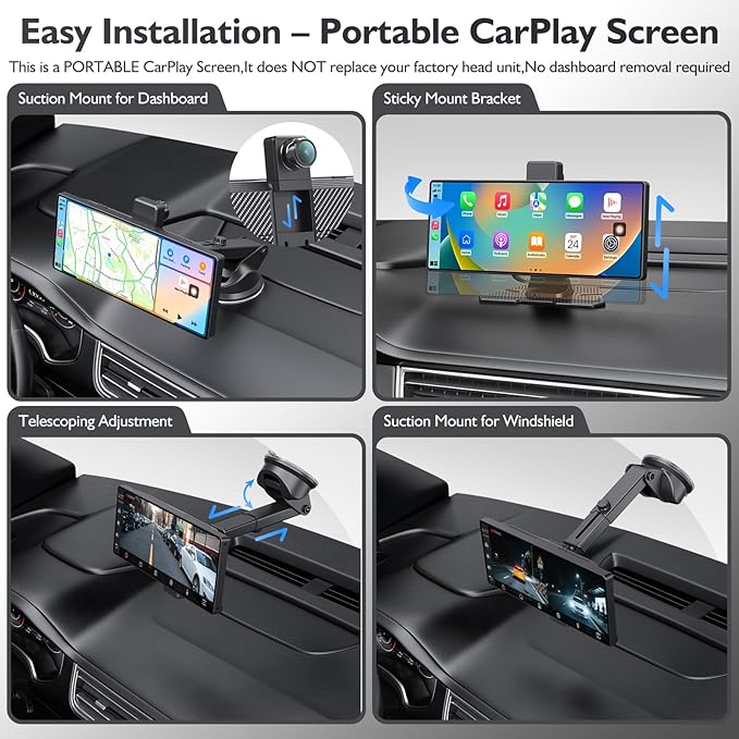 10.26" Portable Carplay Screen for Car, 4K HD Car Stereo Touch Screen with Apple CarPlay and Android Auto, 4K Dash Cam, 1080P Backup Camera, Mirror Link, Voice Control, Bluetooth, GPS, AUX/FM