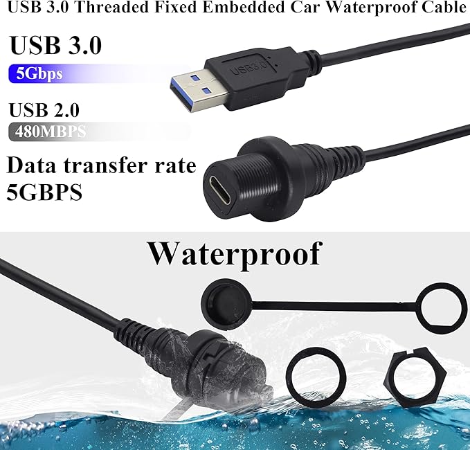 zdyCGTime Small Type C 3.0 Female to USB 3.0 A Male Car Flush Mount Cable USB A to USB Type C Waterproof Panel Mount Extension Cable, for Car Boat Truck Yacht Motorcycle.(30CM/1Ft)