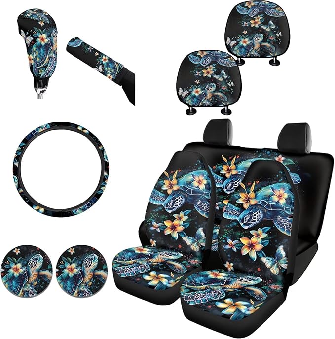 FKELYI Women Auto Fashion Seat Cushions and Headrest Pads, Sea Turtle Car Handbrake Cover with Gear Shifter Cover, Steering Wheel Protector, Cup Coasters