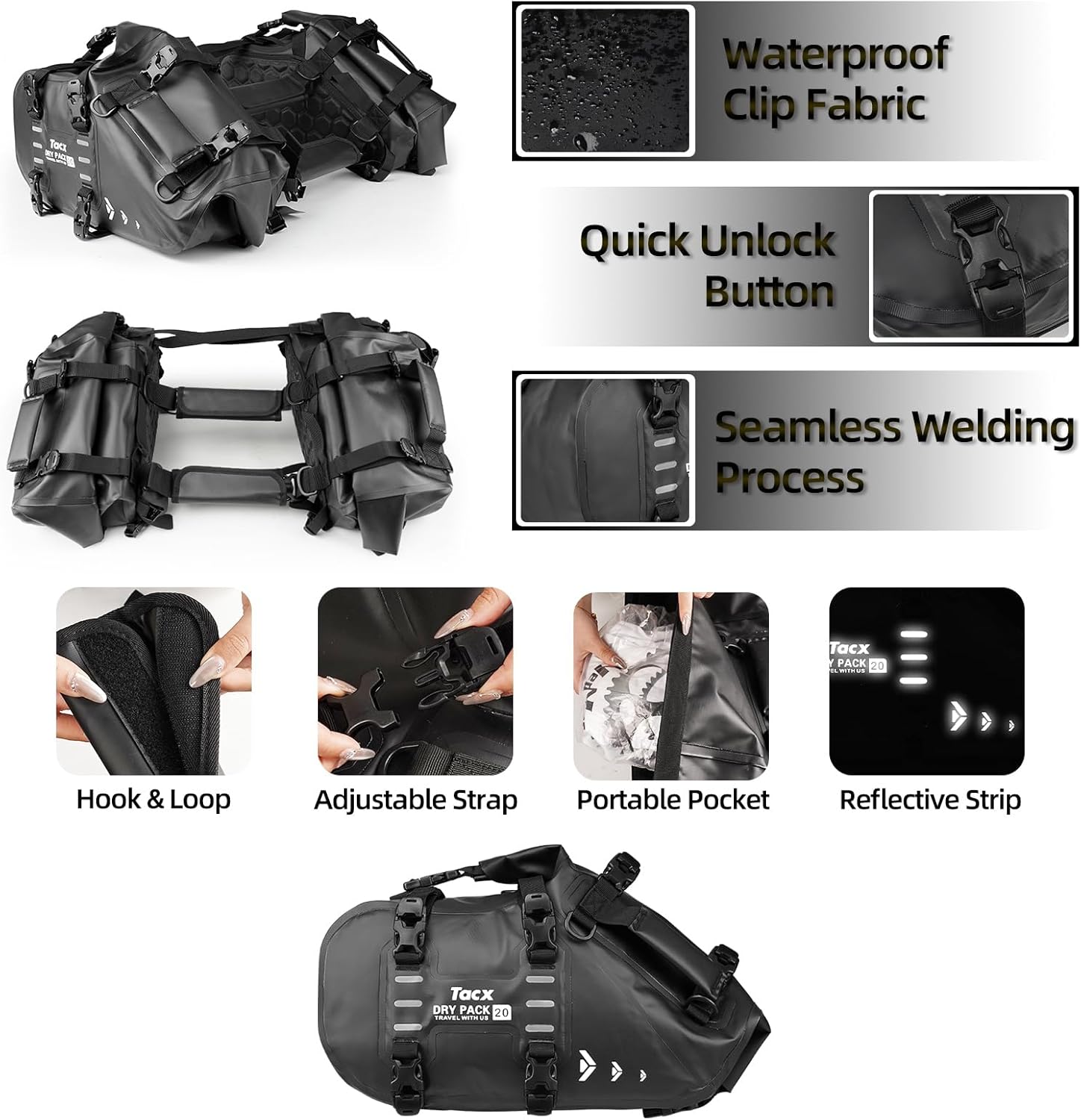 Motorcycle Saddle Bags Tail Bag, 20L Roll-top Waterproof Motor Detachable Side Trunk Bag, Motor Panniers Luggage Bag for Motorcy