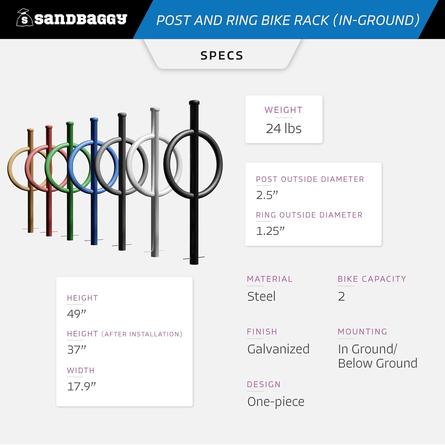 Sandbaggy Post and Ring Rack - In Ground - Commercial Outdoor Bike Parking & Storage Racks (White, 1)