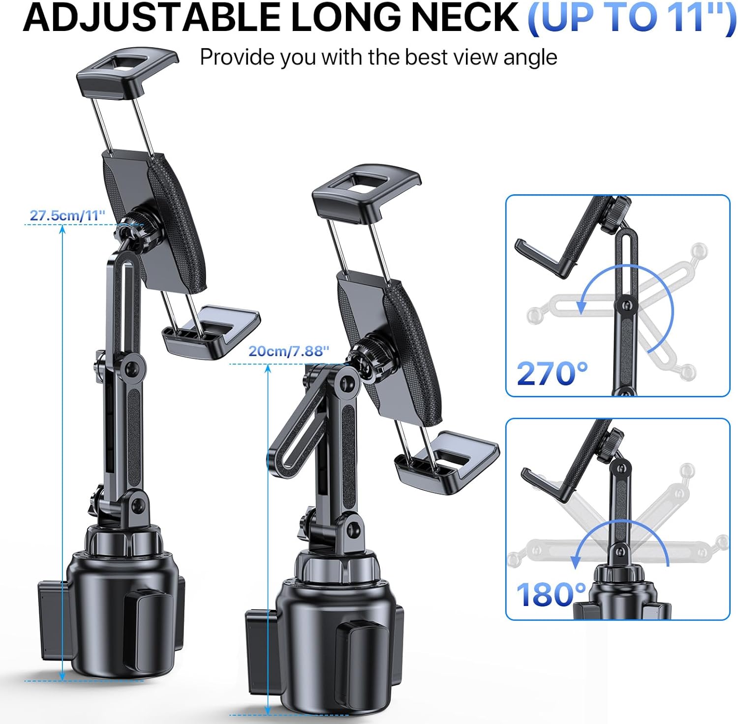Miracase [2025 Latest Upgraded Cup Holder Tablet Mount for Car, [High-Rise Clamp Arm] Adjustable Long Neck Car Tablet Holder Compatible with iPad, Pro, Air, Mini & All 6.1-12.9" Tabs