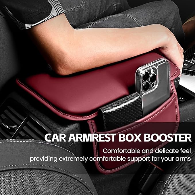 Car Center Console Cover, 11.6"×8.3" Leather Car Armrest Cushion Pad with 2 Storage Pockets, Comfortable Arm Rest Box Cover Mat for Most Vehicles, Universal Interior Accessories (Wine Red)
