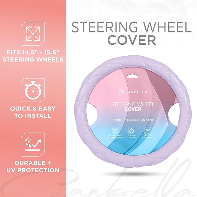 Purple Stitched Leather Steering Wheel Cover for Women, Standard 15 Inch Size Fits Most Vehicles, Cute Faux Car Steering Cover with Diamond Double-Stitch Detail, Car Accessories for Women