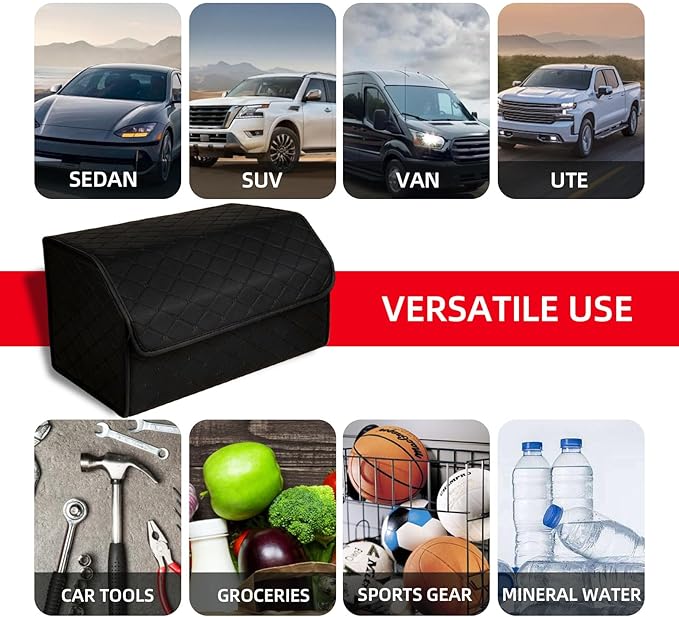 2Pack Leather Trunk Organizer for SUV & Sedans - Extra Large Foldable Car Storage Box with Lid, Adjustable Removable Dividers and Carry Handle, Collapsible Auto Cargo Organizer Black