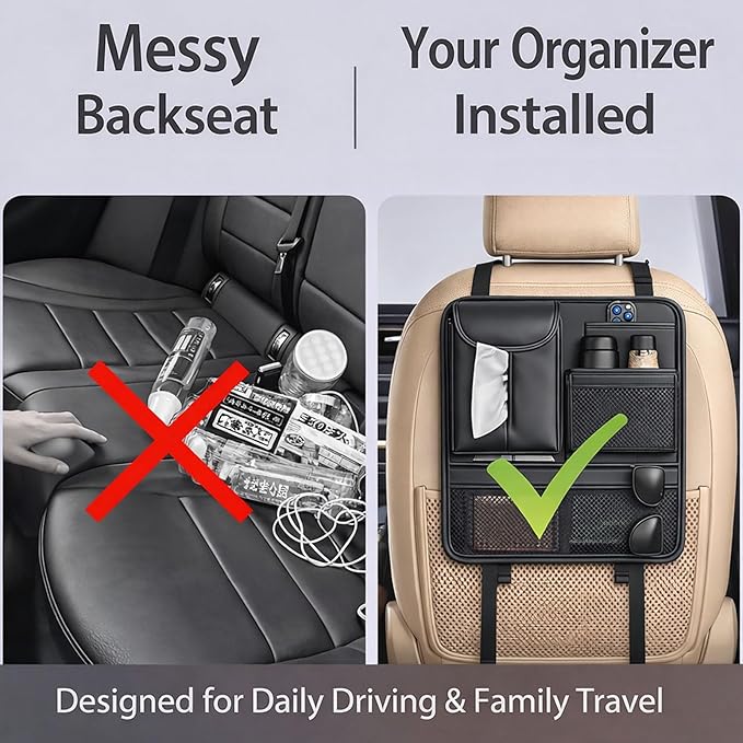 Backseat Car Organizer for Kids, Seat Organizer with 5 Storage Pockets for Travel, Black, Durable & Water-Resistant, Easy Install for Car SUV