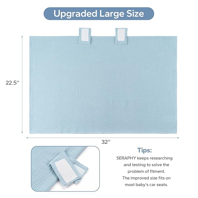 SERAPHY 100% Muslin Cotton Car Seat Cover Baby, 2 Pack Universal Carseat Covers Baby Boy Girl, Breathable Car Seat Canopy, Soft Infant Car Seat Cover for Summer and Winter—2 Pcs Blue&Flowers