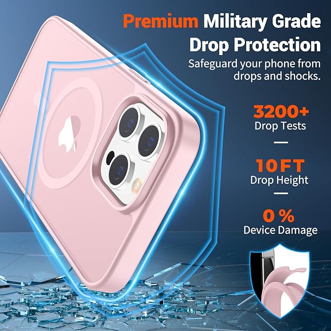 SUPFINE Magnetic for iPhone 13 Pro Case with Screen Protector (Compatible with MagSafe) (Military Grade Drop Protection) Translucent Matte Shockproof Phone Cover,Light Pink