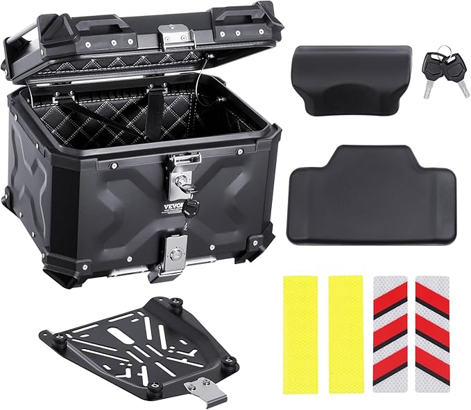 VEVOR Motorcycle Top Case 45L, Universal Aluminum Alloy Motorbike Tail Box with Leather Lining, 45L Waterproof Detachable Motorcycle Top Box with Lock & Back Cushion, Fit for 99% of Motorcycle Frames