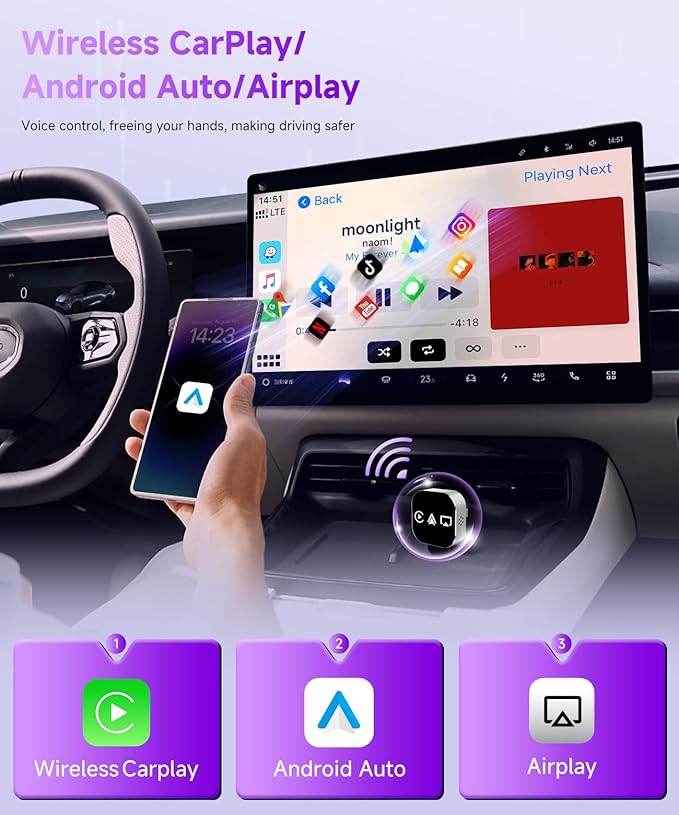 3-in-1 Mini Wireless CarPlay Adapter (2025 Upgraded)-Built-in Wired Carplay/Android Auto for Airplay,Plug&Play,Fast Auto-Reconnect,Bluetooth 5.0,USB/Type-C,iOS10+&Android 11+(Silver)