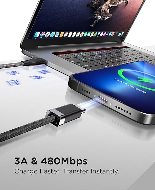 Magtame USB C to USB C Cable 5FT, StayCable with Built-in Magnetic Organizer for Nightstand, Desk and Car, 60W Fast Charging Cord with 2 Adhesive Metal Plates, Braid Type-C Cable for iPhone 17 16