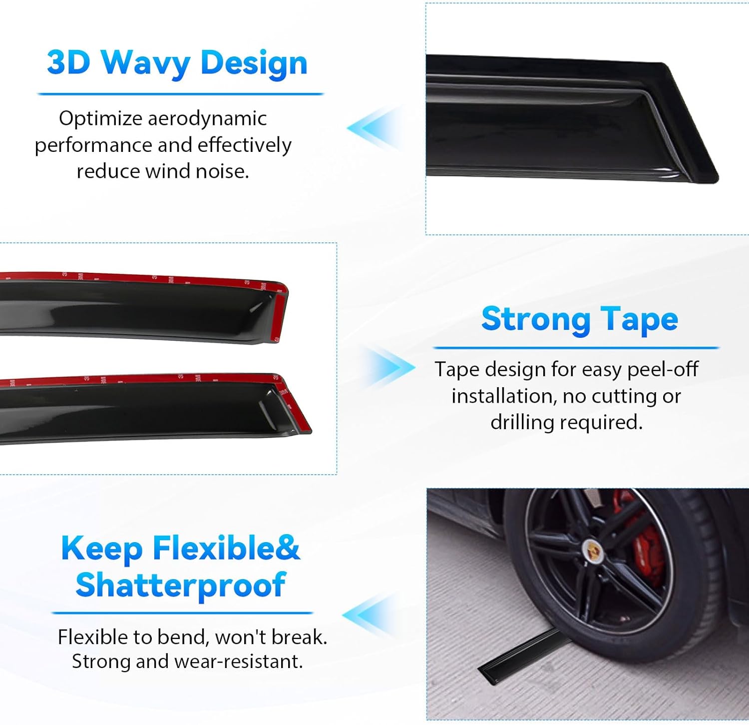 4pcs Front+Rear Smoke Tint Sun/Rain Guard Outside Mount Tape-On Vent Window Visors Compatible with 09-16 B8 A4/A4 Quattro/S4 4-Door Sedan