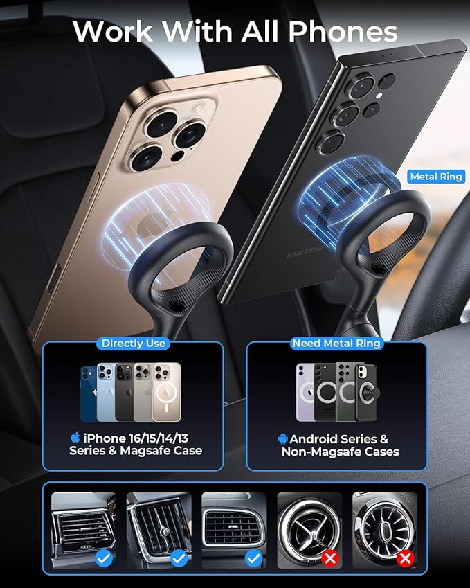 MRGLAS for MagSafe Car Mount [ 2025 Upgraded 40 Strong Magnets] [360° Rotation] Air Vent Magnetic Phone Holder [Double Metal Hook] Car Phone Holder Mount Compatible iPhone 17 16 15 Pro Max Plus S25 24