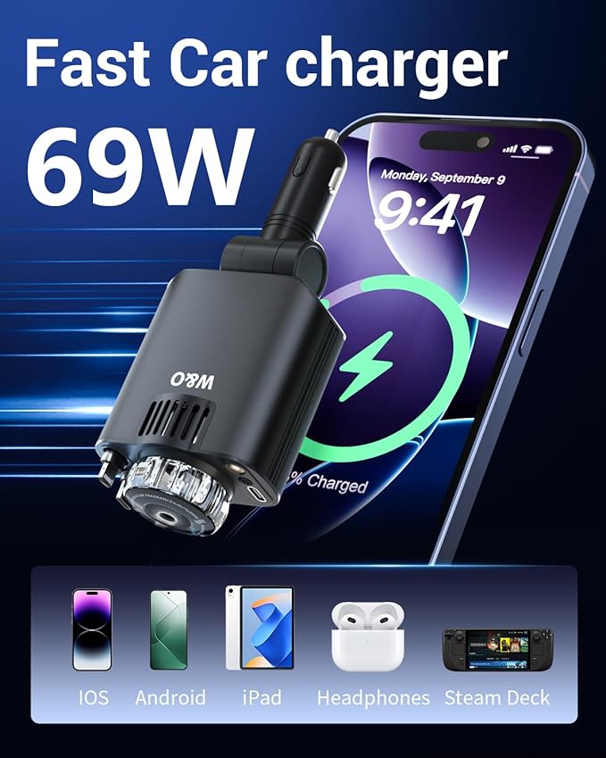 W & O Car Charger Fast Charger for iPhone17/16/15,69W Retractable car Charger with Aromatherapy and Starlight,5 in 1 Fast Car Charger with L/C Cables,Car Charger Adapter for iPhone,Android（Purple）