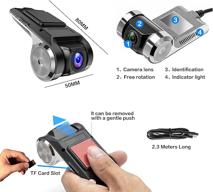 Inefala USB Car DVR Camera Video Recorder, Loop Recording ADAS, Dash Cam, with 32GB SD Card 24H Parking Mode Driving Recorder LDWS FCWS Dash Cam for Android Radio Stereo GPS DVD, Night Vision Full HD