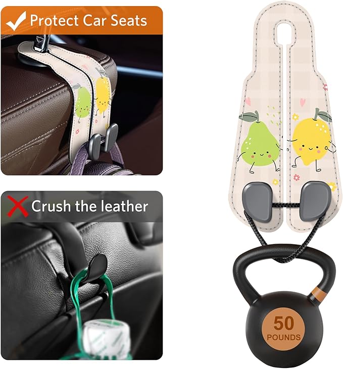 CoBak Purse Hook for Car - Universal Premium Stitched Leather and Aluminum-Magnesium Alloy Double Car Seat Back Storage Hook for Purses, Handbags, Bags (2 Pack),Fruit Play