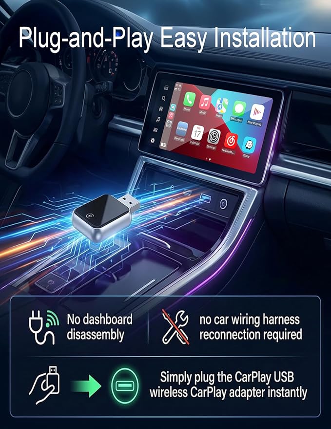 2026 Upgraded USB Wireless CarPlay Adapter for iPhone, Bluetooth 5.8 and Wi-Fi 6, Automatic & Zero-Delay Connection, Android auto Carplay Wireless Adapter for Android and iOS Systems. (Light Gray)