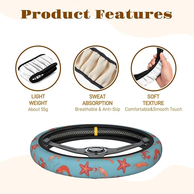 Steering Wheel Cover Accessories Neoprene Cover, Breathable Non-Slip Easy to Install Suitable for Women Men, 14.5-15.5 Inch for Car SUV Van Truck Universal - Seafood