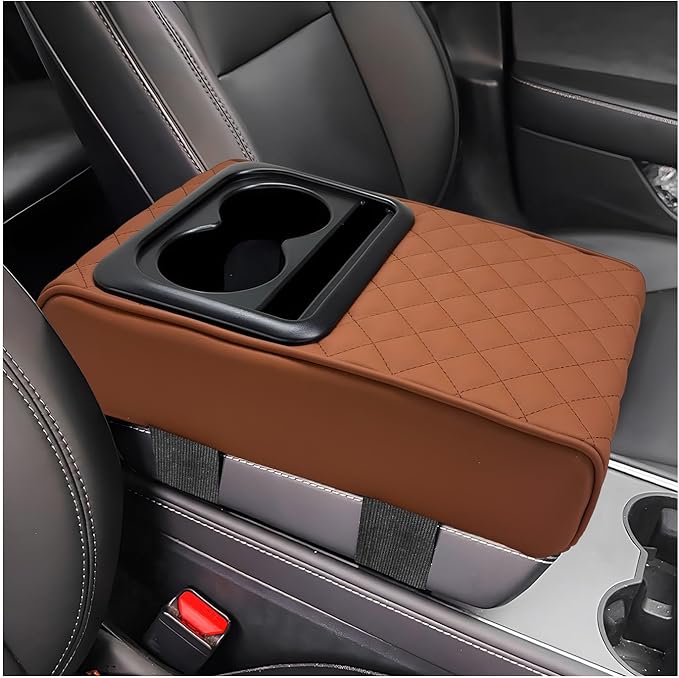 Car Center Console Armrest Pillow, Memory Foam Auto Armrest Box Cover with Cup Holder & Phone Holder, Waterproof Leather Arm Rest Protector Cushion, Interior Car Accessories (Diamond, Brown)
