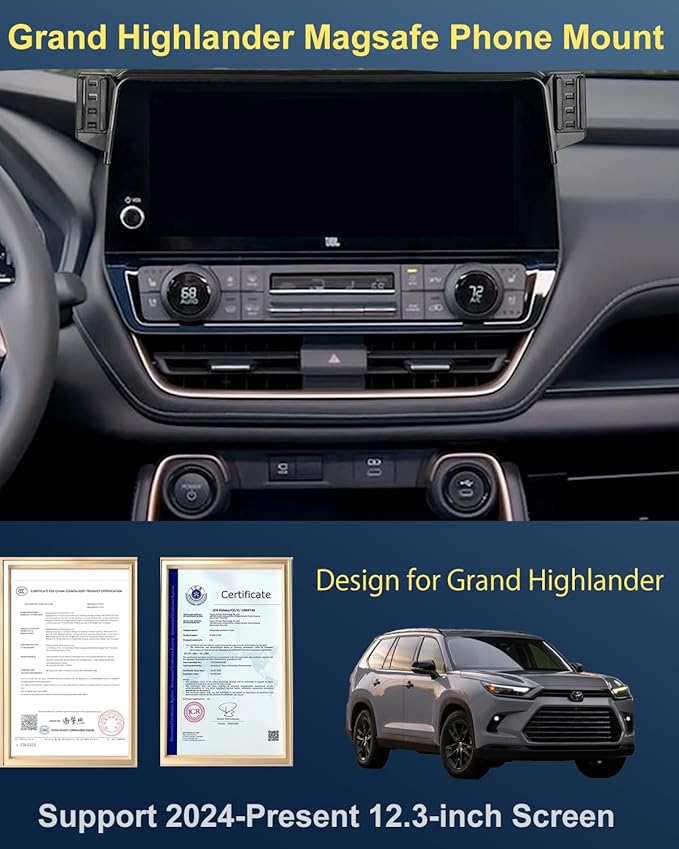 Designed for MagSafe Car Mount 12.3-inch for Toyota Grand Highlander Phone Holder 2026 Grand Highlander Hybrid Phone Mount,Get Two Holders for Driver and Passenger! 15W Fast Wireless Charging