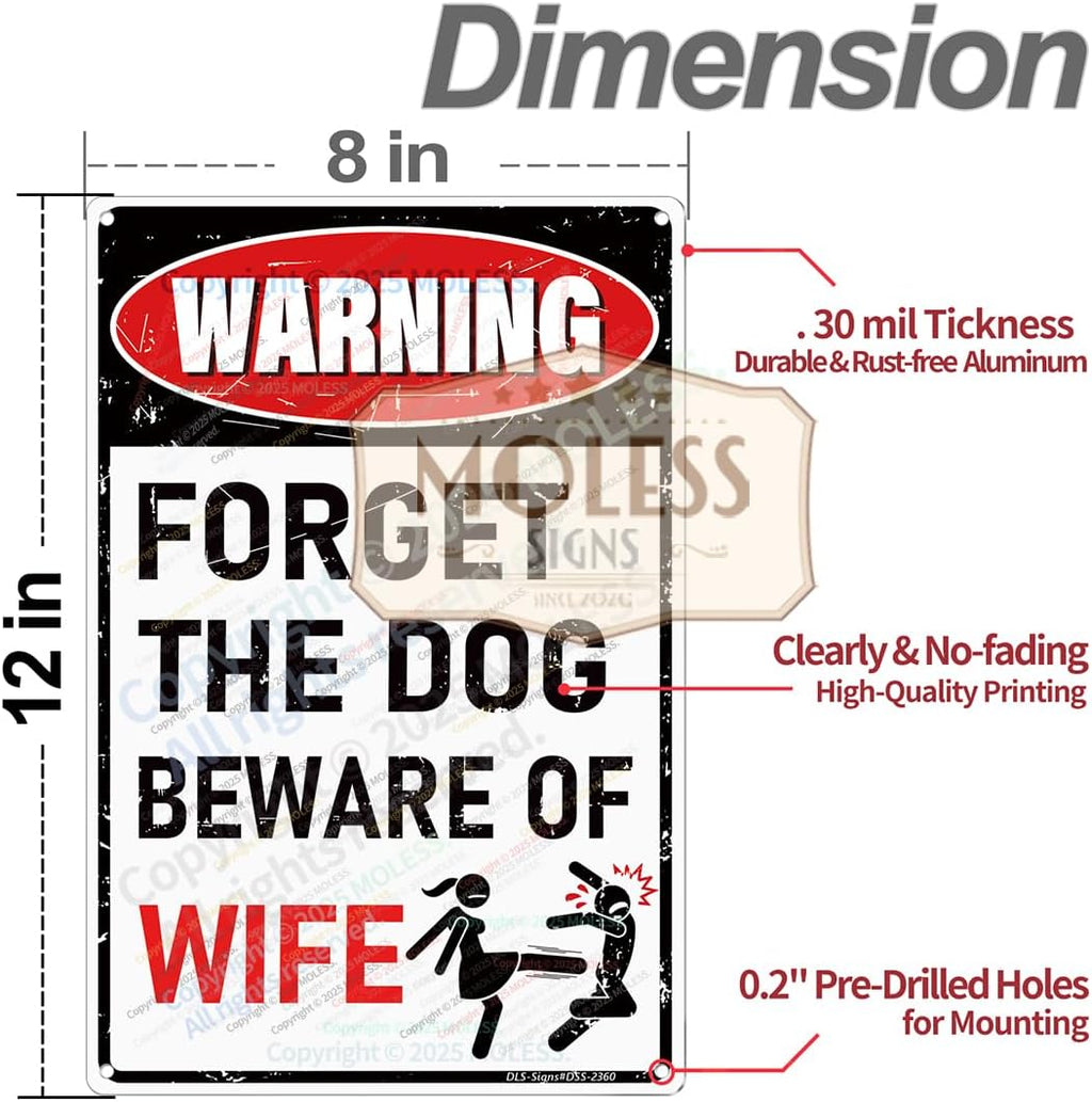 'Forget the Dog – Beware of Wife!' Funny Man Cave Decor for Men | 12x8″ Durable Vintage Metal Man Cave Signs Wall Decorations for Basement/Garage/Mancave, 2360