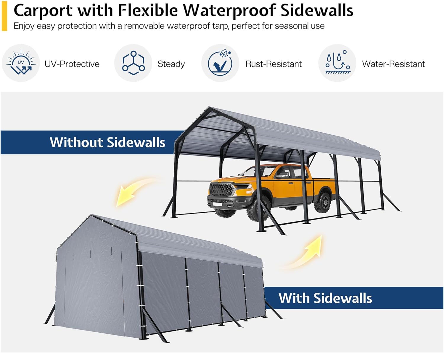 Jocisland 12x20x10.5 FT Metal Carport - Removable Waterproof Sidewalls, Heavy Duty Outdoor Carport with Upgraded Steel Reinforcements for All-Weather, Car Canopy for Car, Boat, Equipment Storage