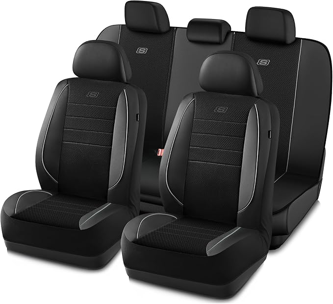 Skechers Air-Cooled Memory Foam Seat Covers,Mesh Thick Car Seat Covers,Piping Leather Car Seat Protector,Airbag Compatible,Automotive Comfort for Most Cars, Vans, Trucks, SUV(Gray,Full Set)