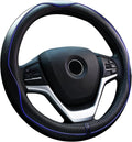 Valleycomfy Steering Wheel Covers Universal 15 inch - Genuine Leather, Breathable, Anti Slip & Odor Free (Black with Blue Lines, M(14" 1/2-15" 1/4))
