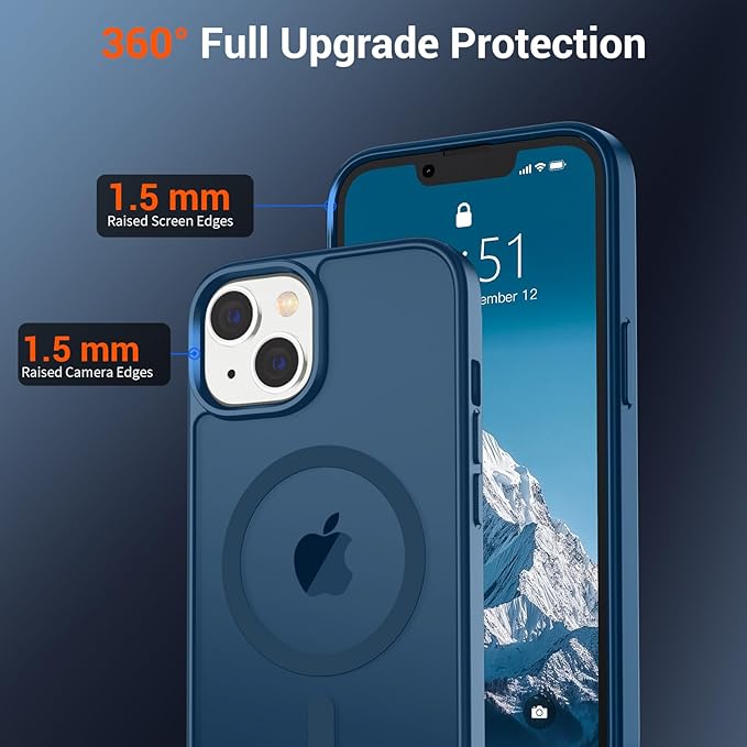 SUPFINE Magnetic for iPhone 14 Case & iPhone 13 Case with Screen Protector (Compatible with MagSafe) (Military Grade Drop Protection) Translucent Matte Shockproof Phone Cover,Deep Blue