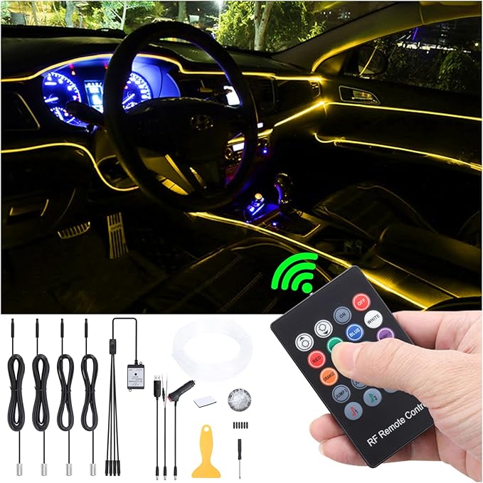 4 Meters Optic Fiber Car Ambient Lighting with RF Remote Control 8 Colors Multicoloured Music Interior Lighting Kit DC 12V 1W