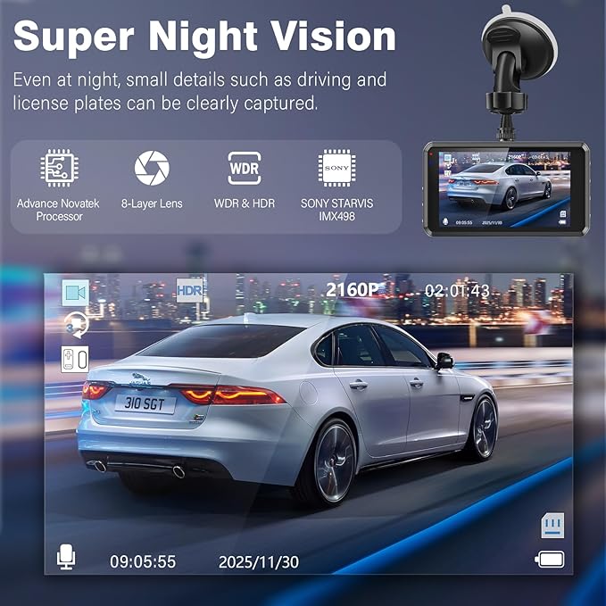 Miden S7 4K Dash Cam Front and Rear, 64G SD Card,2160P+1080P FHD Dual Dash Camera for Cars,176°+160° Wide Angle,3.2'' IPS Screen Dashcam,Loop Recording,G-Sensor,WDR,24H Parking Monitor,Night Vision