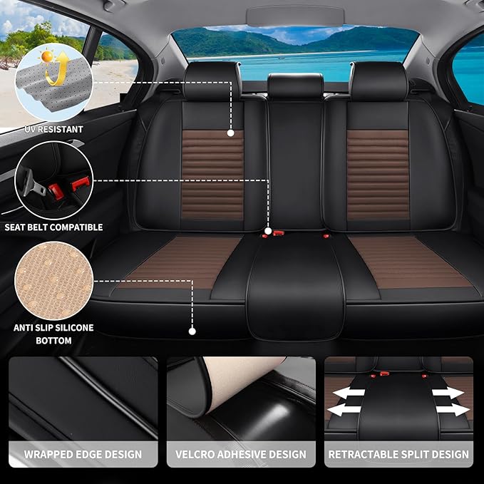 Car Seat Covers Full Set Fit for Toyota Prius 2001-2026, Premium Faux Leather Car Seat Protector,Breathable Anti-Slip Full Wrapping Edge Seat Covers(Black&Brown,Full Set)