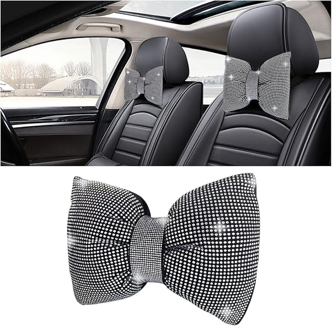 1 PCS Rhinestone Car Headrest Neck Pillow, Auto Headrest Cushion for Driving Seat, Bling Crystal Diamond Bow Neck Support Relax Pillow, Car Interior Accessories for Women Girly (White)