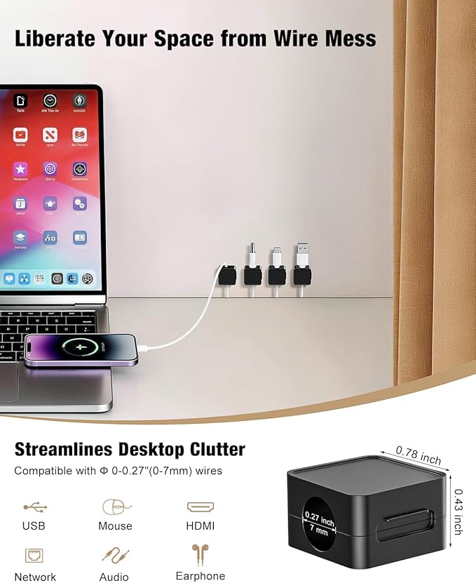 Magnetic Cable Clips, 6 Pack Cord Holder Desk Cable Management, Adhesive Wire Holder Keeper Organizer for Desk Organizer Home Office Car Wall Nightstand, Black